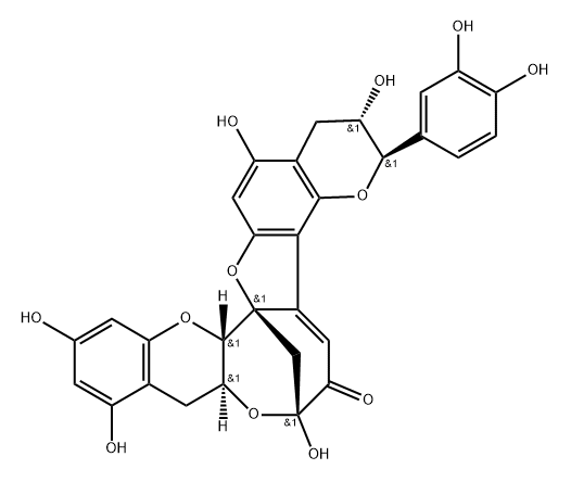 9H-7,14b-Methano-1H-pyrano[2'',3'':4',5']benzofuro[2',3':4,5]oxocino[3,2-b][1]benzopyran-6(7H)-one, 3-(3,4-dihydroxyphenyl)-2,3,8a,14a-tetrahydro-2,7,10,12,17-pentahydroxy-, (2S,3R,7R,8aS,14aS,14bR)- Struktur
