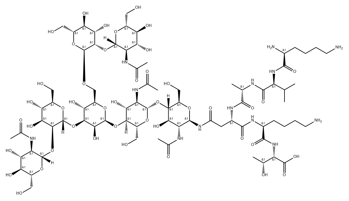 L-Threonine, L-lysyl-L-valyl-L-alanyl-N-[O-2-(acetylamino)-2-deoxy-β-D-glucopyranosyl-(1→2)-O-α-D-mannopyranosyl-(1→3)-O-[O-2-(acetylamino)-2-deoxy-β-D-glucopyranosyl-(1→2)-α-D-mannopyranosyl-(1→6)]-O-β-D-mannopyranosyl-(1→4)-O-2-(acetylamino)-2-deoxy-β-D-glucopyranosyl-(1→4)-2-(acetylamino)-2-deoxy-β-D-glucopyranosyl]-L-asparaginyl-L-lysyl- Structure
