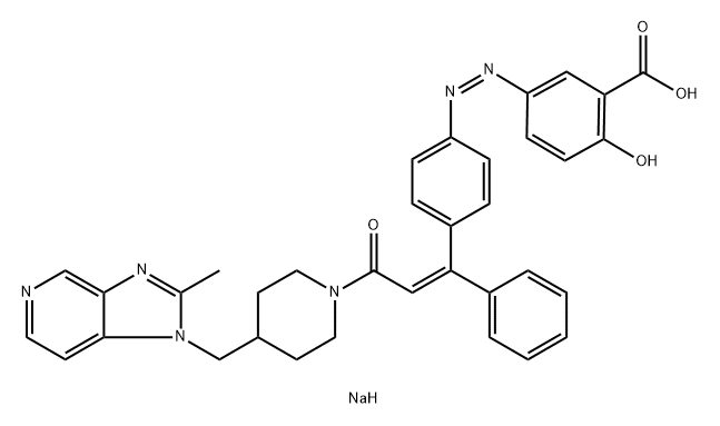 Benzoic acid, 2-hydroxy-5-[2-[4-[(1Z)-3-[4-[(2-methyl-1H-imidazo[4,5-c]pyridin-1-yl)methyl]-1-piperidinyl]-3-oxo-1-phenyl-1-propen-1-yl]phenyl]diazenyl]-, sodium salt (1:1) Structure