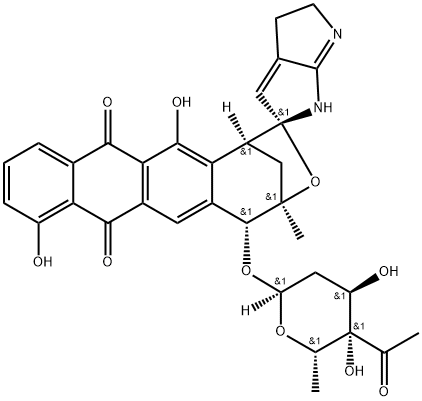Spiro[1,4-methanoanthra[2,3-d]oxepin-2(1H),2'(1'H)-pyrrolo[2,3-b]pyrrole]-7,12-dione, 5-[(4-C-acetyl-2,6-dideoxy-α-L-xylo-hexopyranosyl)oxy]-4,4',5,5'-tetrahydro-8,13-dihydroxy-4-methyl-, (1S,2S,4R,5R)- Struktur