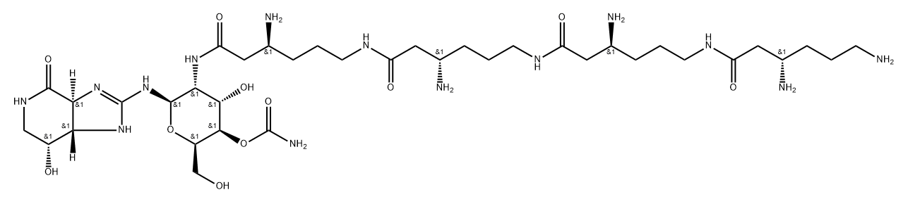 4H-Imidazo[4,5-c]pyridin-4-one, 2-[[2-[[(3S)-3-amino-6-[[(3S)-3-amino-6-[[(3S)-3-amino-6-[[(3S)-3,6-diamino-1-oxohexyl]amino]-1-oxohexyl]amino]-1-oxohexyl]amino]-1-oxohexyl]amino]-4-O-(aminocarbonyl)-2-deoxy-β-D-gulopyranosyl]amino]-1,3a,5,6,7,7a-hexahydro-7-hydroxy-, (3aS,7R,7aS)- Struktur