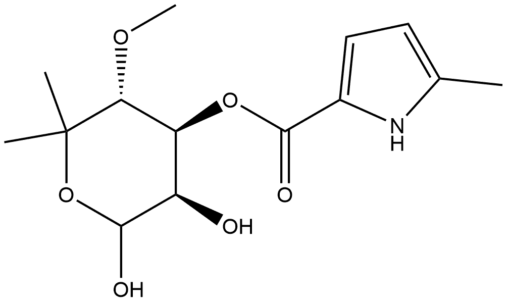 L-lyxo-Hexopyranose, 6-deoxy-5-C-methyl-4-O-methyl-, 3-(5-methyl-1H-pyrrole-2-carboxylate) Struktur