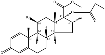 Androsta-1,4-diene-17-carboxylic acid, 9-fluoro-11-hydroxy-16-methyl-3-oxo-17-(1-oxopropoxy)-, methyl ester, (11β,16α,17α)- (9CI) Struktur