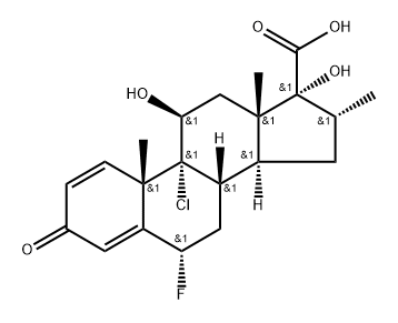Androsta-1,4-diene-17-carboxylic acid, 9-chloro-6-fluoro-11,17-dihydroxy-16-methyl-3-oxo-, (6α,11β,16α,17α)- 化学構造式