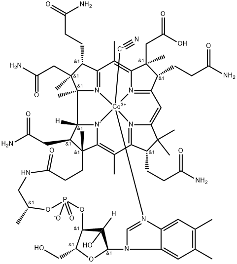 Cobinic acid-abdeg-pentamide, Co-(cyano-κC)-, dihydrogen phosphate (ester), inner salt, 3'-ester with (5,6-dimethyl-1-α-D-ribofuranosyl-1H-benzimidazole-κN3) (9CI) Struktur