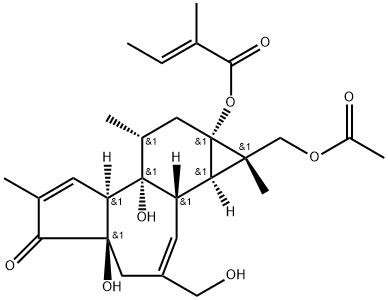 5H-cyclopropa(3,4)benz(1,2-e)azulen-5-one,1,1aa,1bb,4,4a,7aa,7b,8,9,9a-decahydro-4aa,7ba,9aa-trihydroxy-3-hydroxymethyl-1,6,8a-trimethyl-1-acetoxymethyl-,9a-(2-methylbut-2-enoate), 39071-30-2, 结构式