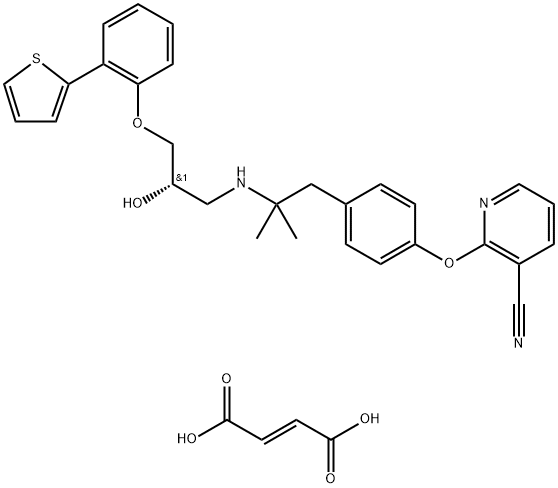 3-Pyridinecarbonitrile, 2-[4-[2-[[(2S)-2-hydroxy-3-[2-(2-thienyl)phenoxy]propyl]amino]-2-methylpropyl]phenoxy]-, (2E)-2-butenedioate (2:1) (salt) Structure