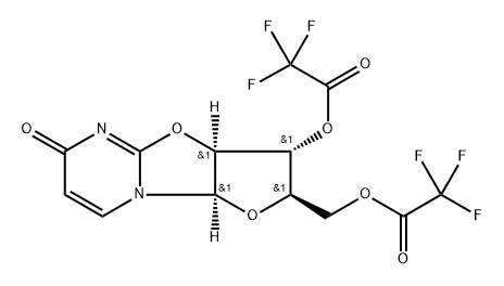 (2R)-2α-[[(トリフルオロアセチル)オキシ]メチル]-2,3,3aβ,9aβ-テトラヒドロ-6-オキソ-6H-フロ[2',3':4,5]オキサゾロ[3,2-a]ピリミジン-3β-イル=トリフルオロアセタート 化学構造式
