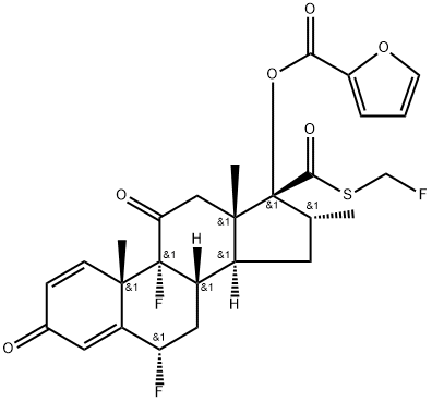 Androsta-1,4-diene-17-carbothioic acid, 6,9-difluoro-17-[(2-furanylcarbonyl)oxy]-16-methyl-3,11-dioxo-, S-(fluoromethyl) ester, (6α,16α,17α)- 化学構造式
