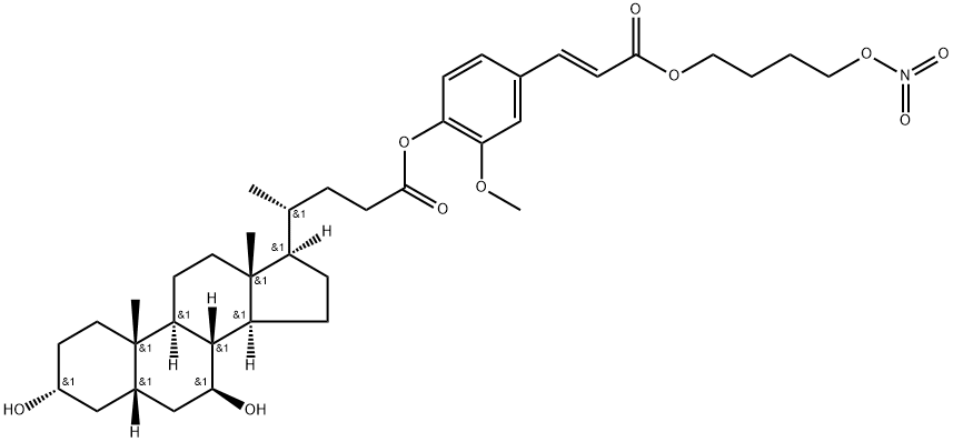 3α,7β-ジヒドロキシ-5β-コラン酸2-メトキシ-4-[3-[4-(ニトロオキシ)ブトキシ]-3-オキソ-1-プロペニル]フェニル 化学構造式