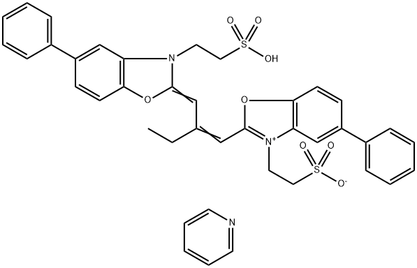 2-[5-苯基-2-[2-[5-苯基-3-(2-磺酸根乙基)苯并唑啉-2-亚基甲基]-1-丁烯基]-3-苯并唑啉基]乙磺吡啶5/2水合物,41665-49-0,结构式