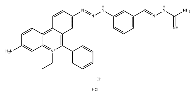 Phenanthridinium, 3-amino-8-(3-(3-(((aminoiminomethyl)hydrazono)methyl)phenyl)-1-triazenyl)-5-ethyl-6-phenyl-, chloride, monohydrochloride Struktur