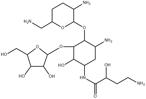 D-Streptamine, O-2,6-diamino-2,3,4,6-tetradeoxy-α-D-erythro-hexopyranosyl-(1→4)-O-[β-D-ribofuranosyl-(1→5)]-N1-[(2S)-4-amino-2-hydroxy-1-oxobutyl]-2-deoxy- Structure