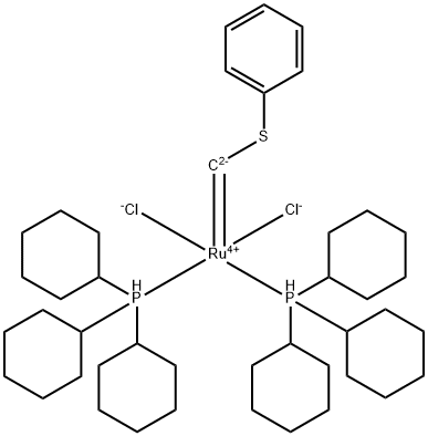 Bis(tricyclohexylphosphine)[(phenylthio)methylene]ruthenium (II) dichloride 化学構造式