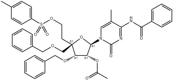 Cytidine, N-?benzoyl-?5-?methyl-?4'-?C-?[2-?[[(4-?methylphenyl)?sulfonyl]?oxy]?ethyl]?-?3',?5'-?bis-?O-?(phenylmethyl)?-?, 2'-?acetate Structure