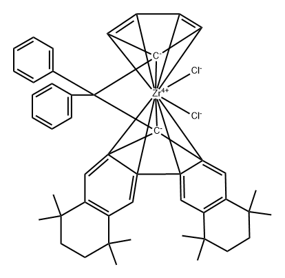 Dichloro[(η5-2,4-cyclopentadien-1-ylidene)(diphenylmethylene)[(5a,5b,11a,12,12a-η)-1,2,3,4,7,8,9,10-octahydro-1,1,4,4,7,7,10,10-octamethyl-12H-dibenzo[b,h]fluoren-12-ylidene]]zirconium Struktur