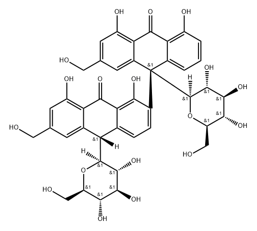 [2,9'-Bianthracene]-9,10'(9'H,10H)-dione, 9',10-di-β-D-glucopyranosyl-1,4',5',8-tetrahydroxy-2',6-bis(hydroxymethyl)-, (9'S,10S)- (9CI),473225-21-7,结构式