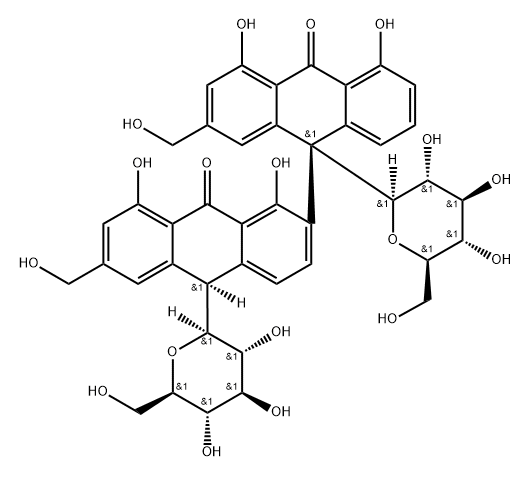 [2,9'-Bianthracene]-9,10'(9'H,10H)-dione, 9',10-di-β-D-glucopyranosyl-1,4',5',8-tetrahydroxy-2',6-bis(hydroxymethyl)-, (9'S,10R)- (9CI),473225-22-8,结构式