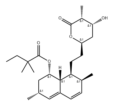 (1S,3R,7S,8S,8aR)-8-(2-((2R,5R)-5-hydroxy-6-oxotetrahydro-2H- pyran-2-yl)ethyl)-3,7-dimethyl-1,2,3,7,8,8a-hexahydronaphthalen-1-yl 2,2-dimethylbutanoate 化学構造式