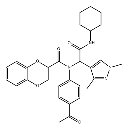 1H-Pyrazole-4-acetamide,alpha-[(4-acetylphenyl)[(2,3-dihydro-1,4-benzodioxin-2-yl)carbonyl]amino]-N-cyclohexyl-1,3-dimethyl-(9CI) Structure