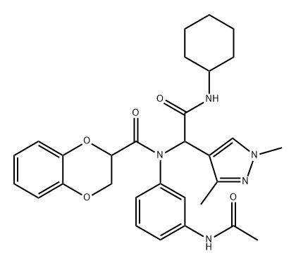 1H-Pyrazole-4-acetamide,alpha-[[3-(acetylamino)phenyl][(2,3-dihydro-1,4-benzodioxin-2-yl)carbonyl]amino]-N-cyclohexyl-1,3-dimethyl-(9CI) 结构式