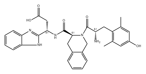 1H-Benzimidazole-2-propanoic acid, β-[[[(3S)-2-[(2S)-2-amino-3-(4-hydroxy-2,6-dimethylphenyl)-1-oxopropyl]-1,2,3,4-tetrahydro-3-isoquinolinyl]carbonyl]amino]-, (βS)- 化学構造式