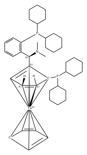 (1S)-二环己基膦基-2-[ (R)-Α-(N,N-二甲氨基)-邻二环己基膦苯基)甲基]二戊铁, 494227-38-2, 结构式