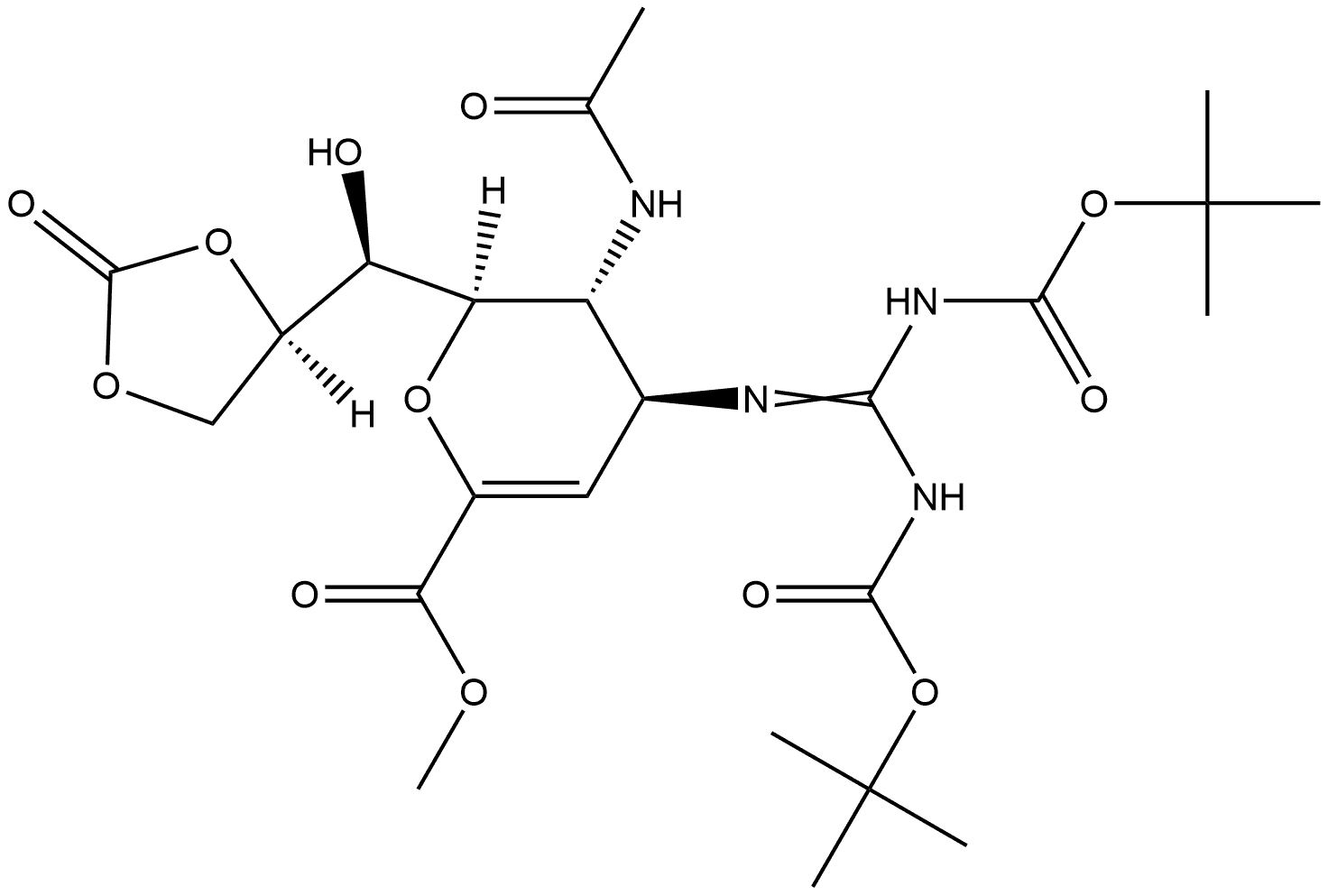 D-glycero-D-galacto-Non-2-enonic acid, 5-(acetylamino)-2,6-anhydro-4-[[bis[[(1,1-dimethylethoxy)carbonyl]amino]methylene]amino]-3,4,5-trideoxy-, methyl ester, cyclic 8,9-carbonate Structure