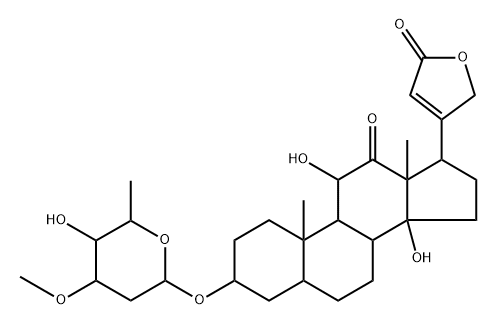 3β-[(3-O-メチル-2,6-ジデオキシ-L-arabino-ヘキソピラノシル)オキシ]-11α,14-ジヒドロキシ-19-オキソ-5β-カルダ-20(22)-エノリド 化学構造式