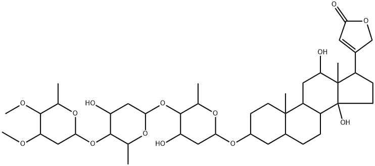 Card-20(22)-enolide, 3-[(O-2,6-dideoxy-3,4-di-O-methyl-beta-d-ribo-hexopyranosyl-(1->4)-O-2,6-dideoxy-beta-d-ribo-hexopyranosyl-(1->4)-2,6-dideoxy-beta-d-ribo-hexopyranosyl)oxy]-12,14-dihydroxy-, (3beta,5beta,12beta)- Structure