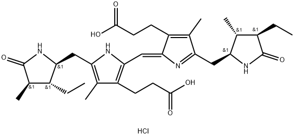 21H-Biline-8,12-dipropanoic acid, 3,18-diethyl-1,2,3,4,5,15,16,17,18,19,22,24-dodecahydro-2,7,13,17-tetramethyl-1,19-dioxo-, hydrochloride, (2R,3R,4S,16S,17R,18R)- (9CI) 结构式