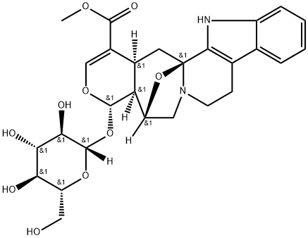 (20α)-16,17-ジデヒドロ-3β,21β-エポキシ-19α-(β-D-グルコピラノシルオキシ)-21a-ホモ-18-オキサヨヒンバン-16-カルボン酸メチル 化学構造式