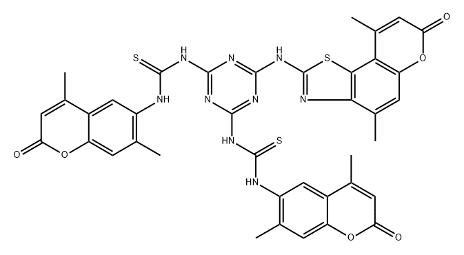 Thiourea,  N,N-[6-[(4,9-dimethyl-7-oxo-7H-pyrano[2,3-g]benzothiazol-2-yl)amino]-1,3,5-triazine-2,4-diyl]bis[N-(4,7-dimethyl-2-oxo-2H-1-benzopyran-6- Struktur