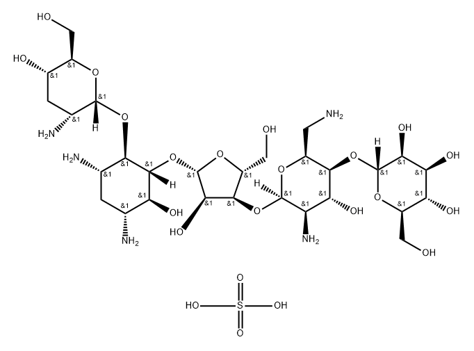 d-Streptamine, O-2-amino-2,3-dideoxy-alpha-d-ribo-hexopyranosyl-(1->4)-O-[O-alpha-d-mannopyranosyl-(1->4)-O-2,6-diamino-2,6-dideoxy-beta-l-idopyranosyl-(1->3)-beta-d-ribofuranosyl-(1->5)]-2-deoxy-, sulfate (salt),54911-32-9,结构式