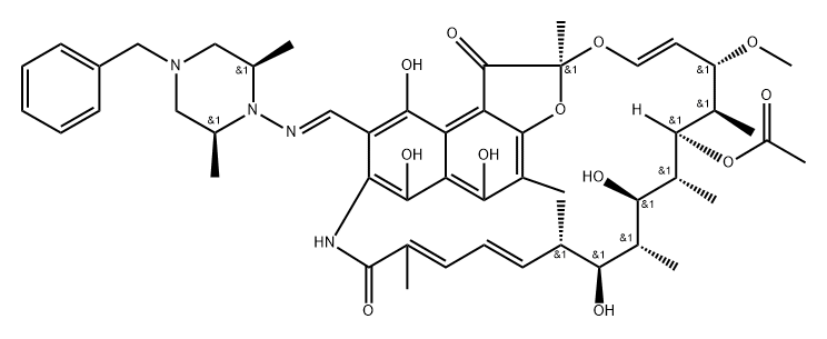 rel-3-[[(2β*,6β*-ジメチル-4-ベンジルピペラジン-1-イル)イミノ]メチル]リファマイシン 化学構造式