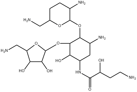 5-O-(5-Amino-5-deoxy-β-D-xylofuranosyl)-4-O-(2,6-diamino-2,3,4,6-tetradeoxy-α-D-erythro-hexopyranosyl)-N1-[(S)-4-amino-2-hydroxybutyryl]-2-deoxy-D-streptamine Structure