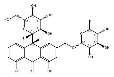 9(10H)-Anthracenone, 3-[[(6-deoxy-α-L-mannopyranosyl)oxy]methyl]-10-β-D-glucopyranosyl-1,8-dihydroxy-, (10S)- Structure