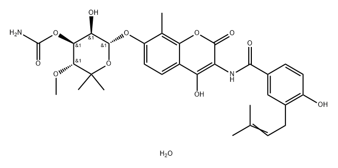 Benzamide, N-[7-[[3-O-(aminocarbonyl)-6-deoxy-5-C-methyl-4-O-methyl-α-L-lyxo-hexopyranosyl]oxy]-4-hydroxy-8-methyl-2-oxo-2H-1-benzopyran-3-yl]-4-hydroxy-3-(3-methyl-2-butenyl)-, monohydrate (9CI) Structure