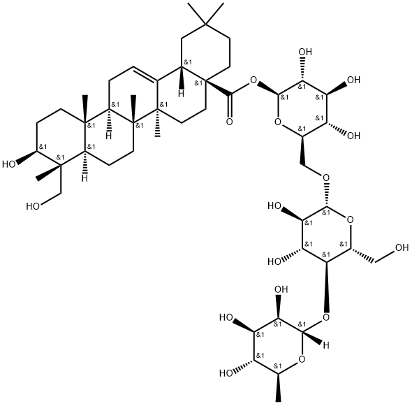 3β,23-ジヒドロキシ-28-オキソ-オレアナ-12-エン-28-イル6-O-(4-O-α-L-ラムノピラノシル-β-D-グルコピラノシル)-β-D-グルコピラノシド 化学構造式