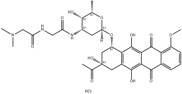 5,12-Naphthacenedione, 8-acetyl-7,8,9,10-tetrahydro-6,8,11-trihydroxy- 1-methoxy-10-((2,3,6-trideoxy-3-((N-(N,N-dimethylglycyl)glycyl)amino)- alpha-L-lyxo-hexopyranosyl)oxy)-, monohydrochloride, (8S-cis)- Structure