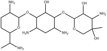 (+)-4-O-(2,6-Diamino-2,3,4,6,7-pentadeoxy-α-D-ribo-heptopyranosyl)-6-O-(3-amino-4-C-methyl-3-deoxy-β-L-arabino-pentopyranosyl)-2-deoxy-D-streptamine Structure