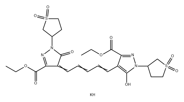 1H-Pyrazole-3-carboxylic acid, 4-[5-[3-(ethoxycarbonyl)-5-hydroxy-1-(tetrahydro-3-thienyl)-1H-pyrazol-4-yl]-2,4-pentadienylidene]-4,5-dihydro-5-oxo-1-(tetrahydro-3-thienyl)-, ethyl ester, S,S,S',S'-tetraoxide, potassium salt Structure