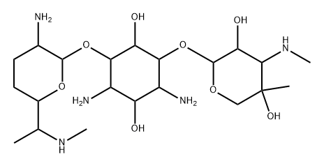 D-Streptamine, O-2-amino-2,3,4,6,7-pentadeoxy-6-(methylamino)-α-D-ribo-heptopyranosyl-(1→4)-O-[3-deoxy-4-C-methyl-3-(methylamino)-β-L-arabinopyranosyl-(1→6)]- (9CI) 化学構造式