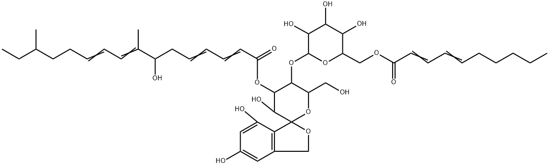 1,1-O-(4,6-ジヒドロキシ-1,2-フェニレンメチレン)-4-O-[6-O-(1-オキソ-2,4-デカジエニル)-β-D-ガラクトピラノシル]-α-D-グルコピラノース3-(7-ヒドロキシ-8,14-ジメチルヘキサデカ-2,4,8,10-テトラエノアート) 化学構造式