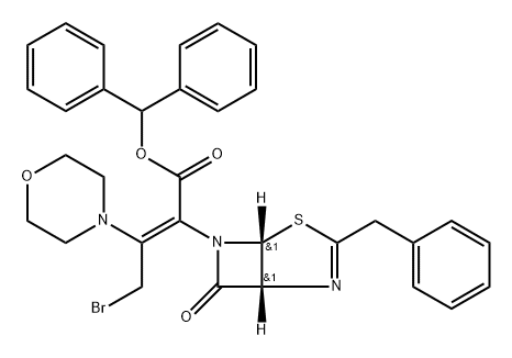 4-Thia-2,6-diazabicyclo[3.2.0]hept-2-ene-6-acetic acid, α-[2-bromo-1-(4-morpholinyl)ethylidene]-7-oxo-3-(phenylmethyl)-, diphenylmethyl ester, (E)- (9CI),61534-24-5,结构式
