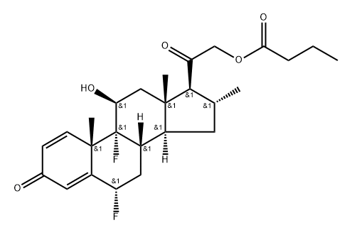 Pregna-1,4-diene-3,20-dione, 6,9-difluoro-11-hydroxy-16-methyl-21-(1-oxobutoxy)-, (6α,11β,16α)- 化学構造式