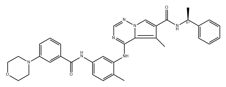 Pyrrolo[2,1-f][1,2,4]triazine-6-carboxamide, 5-methyl-4-[[2-methyl-5-[[3-(4-morpholinyl)benzoyl]amino]phenyl]amino]-N-[(1S)-1-phenylethyl]-,623153-31-1,结构式