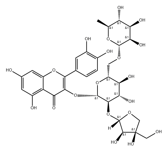4H-1-Benzopyran-4-one, 3-[(O-D-apio-β-D-furanosyl-(1→2)-O-[6-deoxy-α-L-mannopyranosyl-(1→6)]-β-D-glucopyranosyl)oxy]-2-(3,4-dihydroxyphenyl)-5,7-dihydroxy- 结构式