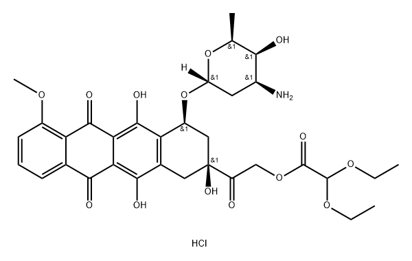 ジエトキシ酢酸2-[[(2S)-4α-[(3-アミノ-2,3,6-トリデオキシ-α-L-lyxo-ヘキソピラノシル)オキシ]-1,2,3,4,6,11-ヘキサヒドロ-2α,5,12-トリヒドロキシ-7-メトキシ-6,11-ジオキソナフタセン]-2-イル]-2-オキソエチル・塩酸塩 化学構造式