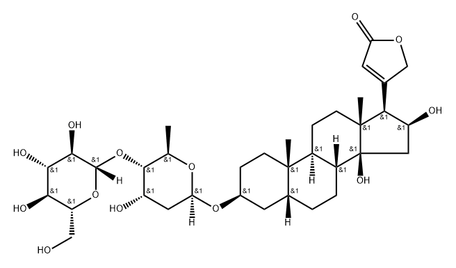 3β-[(2,6-ジデオキシ-4-O-β-D-グルコピラノシル-β-D-ribo-ヘキソピラノシル)オキシ]-14,16β-ジヒドロキシ-5β,14β-カルダ-20(22)-エノリド 化学構造式